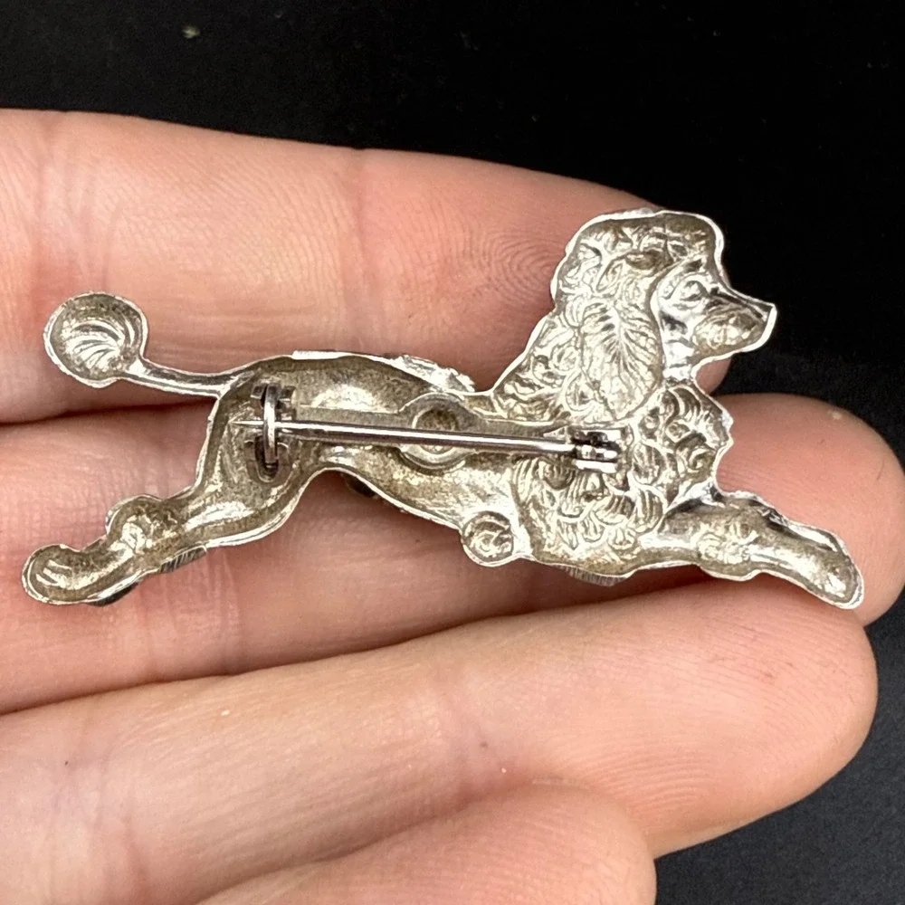 Vintage Poodle‎ Brooch Dog Green Jelly Belly Silver Tone